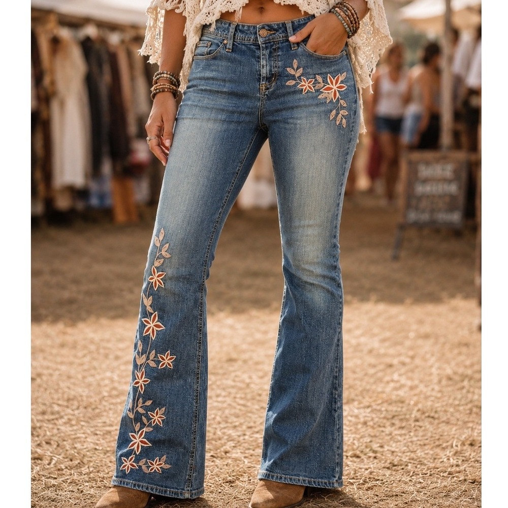 Xhilaration Blue Floral Embroidered Low Rise Bootcut Jeans Women Size 7 Y2K Boho